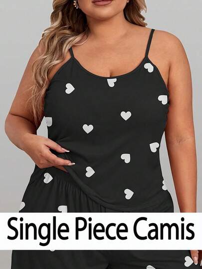 1 件大码女式心形印花吊带背心，可爱圆领无袖吊带露肩背心，春夏