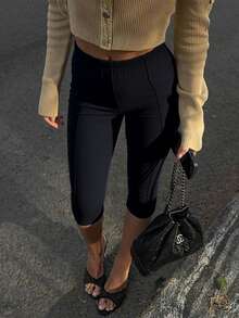 Women's Casual Elegant Versatile Commuting Black Slim-Fit 3/4 Pants, Suitable For Music Festivals, Concerts, Parties, Casual Daily Wear, Young Girls, Spring/Summer - Black - View 6