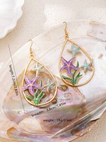2pcs Metallic Colorful Oil Drip Starfish Drop Earrings, Suitable For Women Daily And Beach Wear