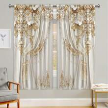 [Luxury Lace Curtain] 2pcs Luxury Polyester European Lace Pearl Curtains - Fashion Modern 2D Stereo Pattern Gorgeous Rod Art Wall Hanging Bedroom Living Room Dormitory Decoration