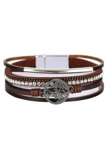 Bracelet de manchette style bohème en PU avec arbre de vie en cristal, convient pour les tenues de femme