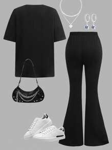 青少年女孩休闲蝴蝶结图案短袖宽松 T 恤和喇叭裤优雅女孩服装，返校/校服 - 黑色 - 查看 7