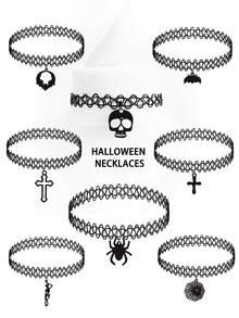 1 pezzo Collana con pendente a luna gotico, stile vintage con elementi di ragno, croce, teschio, ragnatela, teschio umano, design horror e bizzarro, catena regolabile seducente per il collo, adatta per le donne da indossare durante Ognissanti - nero - Visualizzare 2