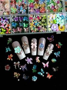 1Box Random Mixed ABS Colorful Butterfly Nail Charms Leopard-Print Flowers Roses Tulips Cartoon-Like Imitation Mushrooms Vegetables And Fruits Cute Nail Art Accessories DIY - 彩色 - 查看 3