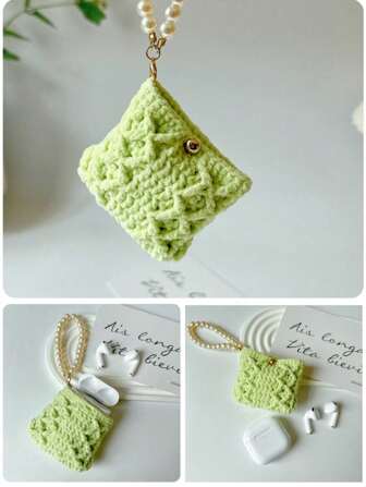 Fresh Green Coin Purse, Headphone Pouch, Beginner Hand Crochet DIY Material Kit, Yarn Crochet Set