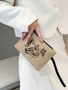 猫咪蝴蝶主题手提包套装：女士手提包和化妆包，包括一个亚麻卡通猫咪图案手提包和一个小包/零钱包，印有猫咪和蝴蝶图案，可作沙滩手提包、时尚大容量化妆包、旅行化妆包、纯色拉链包，适合上学、大学、通勤、生日等场合。