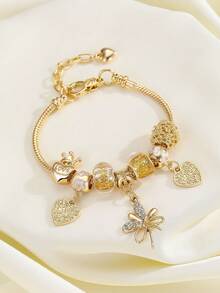 1件简约时尚水钻镂空心形四叶草粉色花朵蜜蜂吊坠手链，时尚日常佩戴女士手链 - 金黃色 - 查看 7