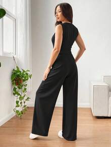 Traje de mujer de 2 piezas Top Traje sin mangas Cuello en V Chaleco Pantalón de pierna ancha Conjunto de traje - negro - Ver 4