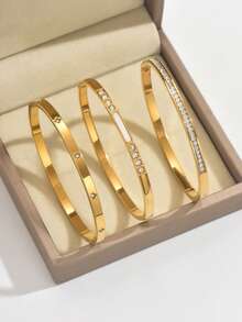 3件套手链，金色不锈钢手链套装不锈钢手链女士四季个性设计心形锆石手链首饰配饰礼品，珠宝黄金首饰珠宝女士手链配饰 - 3pcs set - 查看 21