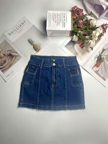 度假风女式春夏双扣休闲牛仔裙 - 藏蓝色 - 查看 3