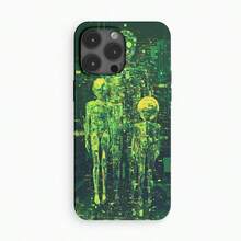 The Phone Case Features A Digital Abstract Image Of Humanoid Figures, Depicted In Vibrant Green Hues Against A Dark Background, Resembling A Futuristic Or Sci-Fi Theme. Skin-Friendly Luxury Concave Frame Lens Protection - Simple Design For IPhone 16 15 14 13 12 11 Pro Max 16 15 14 Plus
