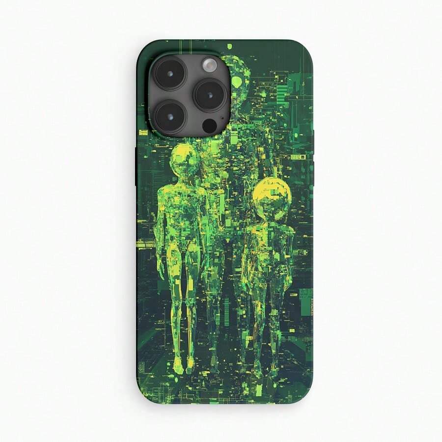 The Phone Case Features A Digital Abstract Image Of Humanoid Figures, Depicted In Vibrant Green Hues Against A Dark Background, Resembling A Futuristic Or Sci-Fi Theme. Skin-Friendly Luxury Concave Frame Lens Protection - Simple Design For IPhone 16 15 14 13 12 11 Pro Max 16 15 14 Plus