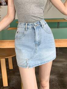 Váy ngắn chữ A bằng vải denim có lớp lót chống phản quang - Màu xanh nhạt - Xem 2