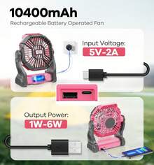 Portable Camping Tent Fan With LED Light & 10400mAh Rechargeable Battery – Quiet Outdoor Fan And Power Bank For Travel, Hiking, Home, Desk, And Sleeping,Travel Essentials Hand Held Fan,Portable Fans - Hồng - Xem 5