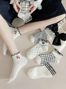 4 Pairs Black And White Women Ruffle Trim Ankle Socks With Patterns: Cherry, Bow, Stripe, Plaid, Heart, Elegant Socks Suitable For Spring And Summer