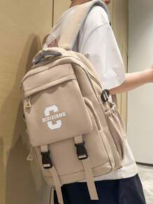Large Capacity Water-Resistant Letter Print Flap Buckle Multi-Pocket Functional Backpack, Unisex Casual Campus Style School Student Travel Bag