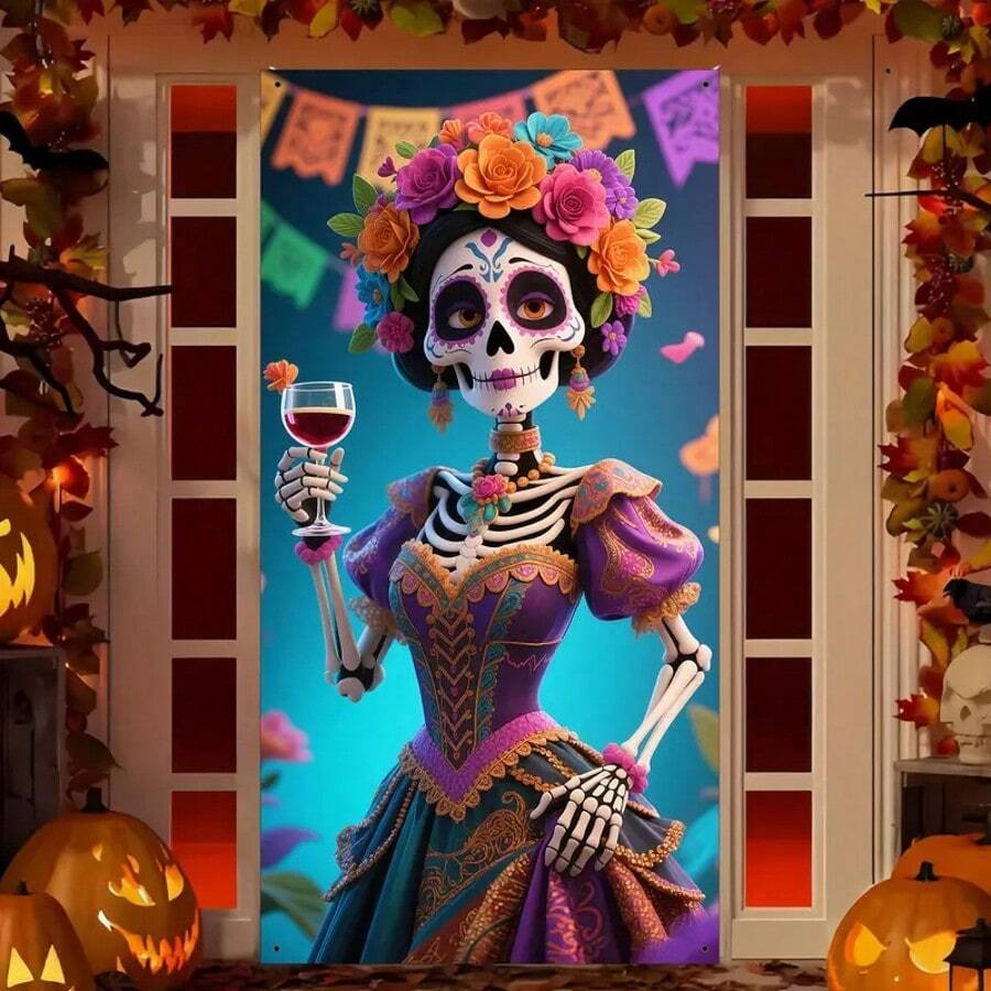 2D 横幅，1 个墨西哥亡灵节和万圣节派对装饰 - 彩色聚酯材料，带有糖头骨、金盏花和剪纸风车图案，适合室内和室外活动，无需电力，墨西哥主题派对装饰 - 彩色 - 查看 1