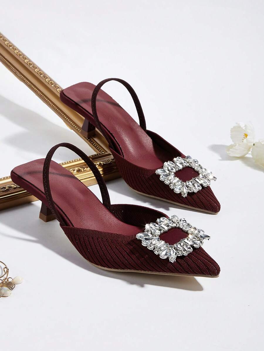 Women's Pointed Toe Bowknot Breathable Sandals, Kitten Heel Slingback Mules With Backstrap,Spring Summer Outfits - Burgundy - View 1
