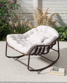 GarveeLife - Silla Mecedora Papasan para Exteriores, de Mimbre de Gran tamaño con cojín y Marco de Metal, balancín de Huevo de ratán para balcón, Patio, Porche, recámara, Color Blanco - blanco - Ver 9