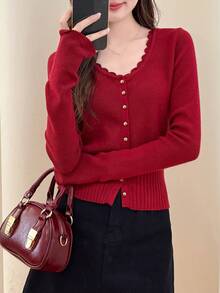 Alicedudu 女士甜辣风格修身针织开衫，秋冬 - 暗紅 - 查看 1
