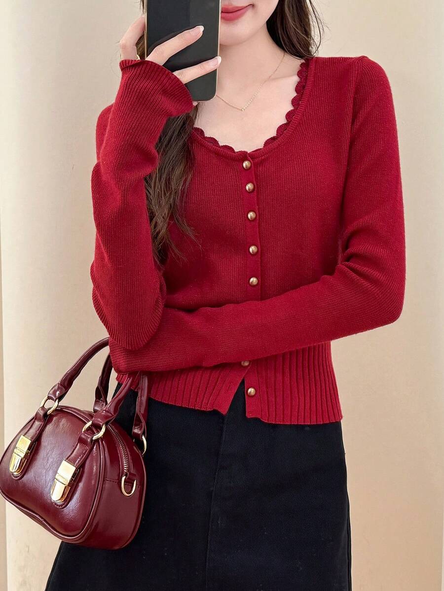 Alicedudu 女士甜辣风格修身针织开衫，秋冬 - 暗紅 - 查看 1