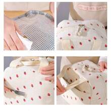 1pc Strawberry Print Corduroy Insulated Lunch Bag, Waterproof Carry Tote Bag For Students & Office Workers, Cute Meal Cooler Bag