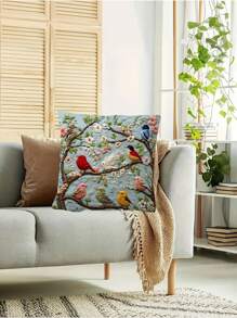 1/2/4 piezas Funda de almohada decorativa suave y mullida con diseño de pájaro y floral de primavera en 2D | Bordado no real, fondo azul claro, 100% poliéster, lavable a máquina, cierre con cremallera, diseño vibrante de pájaro y flor (relleno no incluido), decoración de otoño, decoración de otoño, decoración de habitación