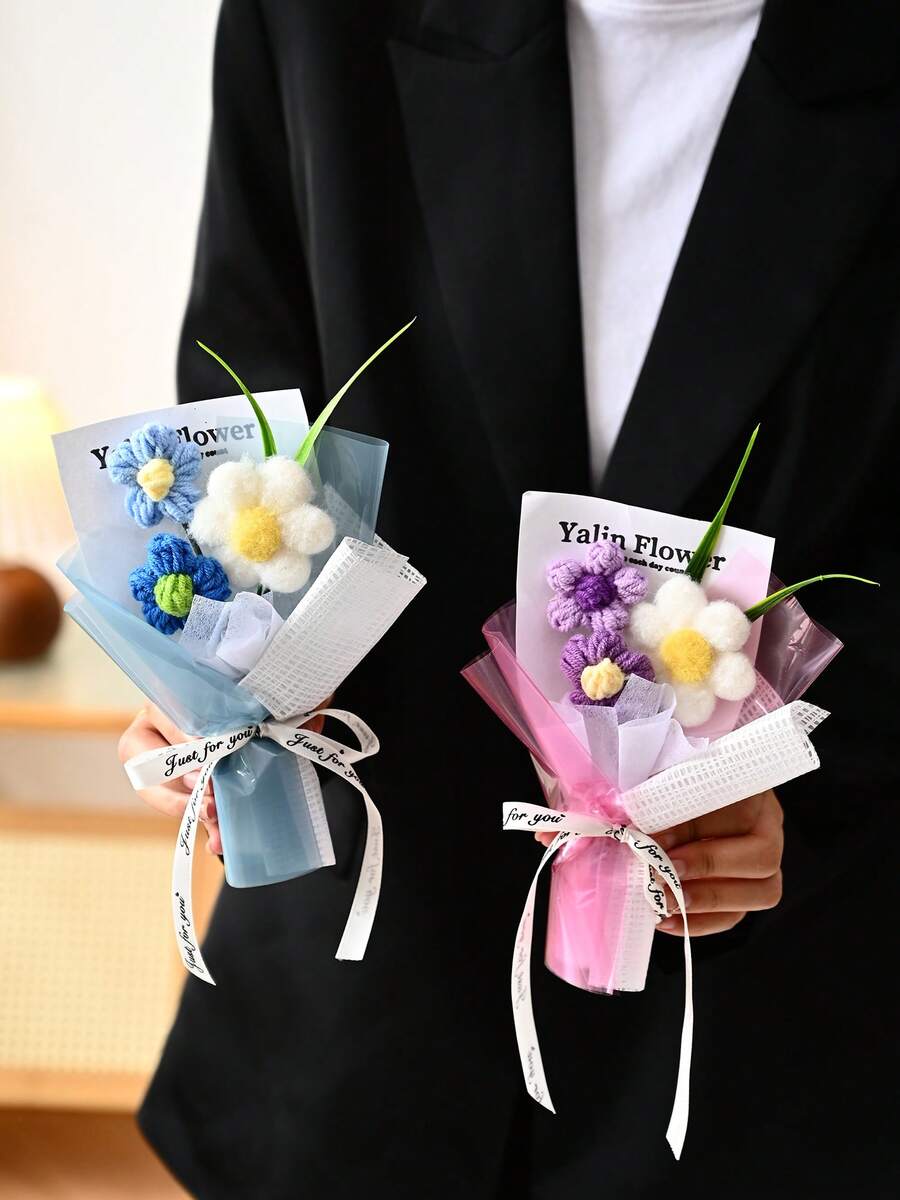 1 Set Artificial Flower Bouquet, Includes Wrapping Paper, 3 Crocheted Yarn Flowers, Suitable As Birthday Or Anniversary Gift For Teachers, Mothers, Best Friends, Women, Mother's Day, Valentine's Day, Wedding Memento, Holiday Party Home Decor, Christmas Gift, Can Be Used For Home, Dining Table, Bedroom, Bathroom, Desk Decoration. - Multicolor - View 1