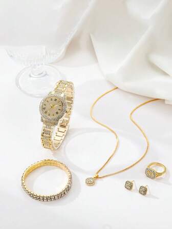 7 件套奢华优雅休闲手表套装，包括罗马数字水钻石英表、水晶手链、项链、耳环、戒指，送给妈妈的礼物套装