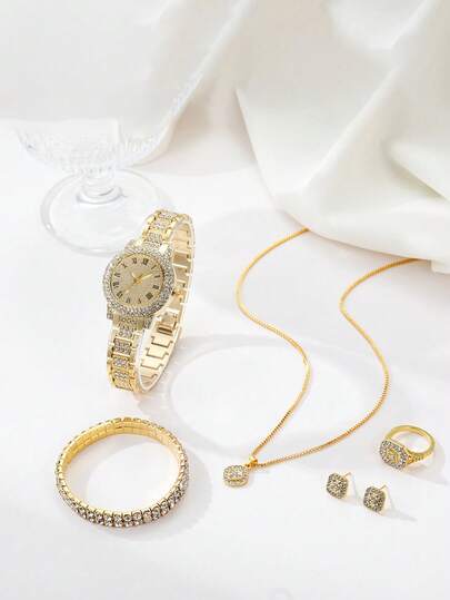 7pcs Set Luxury & Elegant Casual Watch Set, Including Roman Numeral Rhinestone Quartz Watch, Crystal Bracelet, Necklace, Earrings, Ring, A Gift Set For Mom