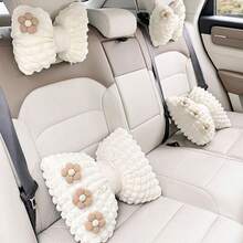 Car Headrest & Lumbar Support Pillow Set, Creative Floral Design Neck Rest And Waist Cushion, Comfortable Car Interior Accessories, For Comfortable Long-Distance Travel, Neck Protection, Waist Protection, Car Puff Detachable And Washable, Suitable All Seasons - Beige - View 5