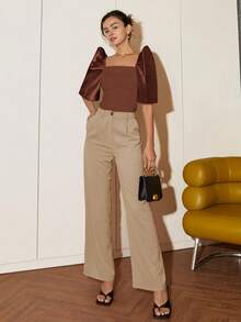 Women's Spring/Autumn Solid Color Petal Sleeve Stand Collar Square Neck Elegant Blouse Cropped Top - Coffee Brown - View 3