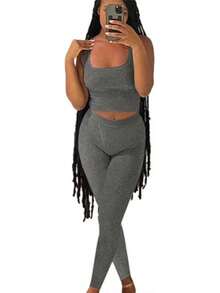 Casual Workout Sets Two Piece Outfits For Women Ribbed Crop Tank Top High Waist Yoga Leggings Active Wear - Heather Grey - View 1