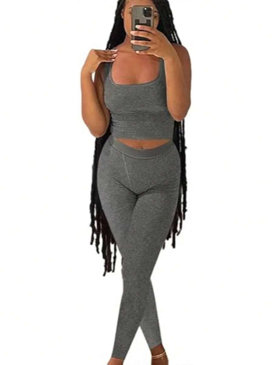 Casual Workout Sets Two Piece Outfits For Women Ribbed Crop Tank Top High Waist Yoga Leggings Active Wear - Heather Grey - View 1