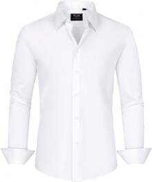 Men's Dress Shirts Stretch Stain Shield Long Sleeve Solid Formal Shirt Business Casual Button Down Shirts - trắng - Xem 4