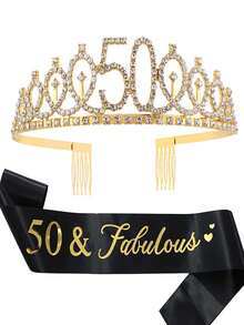 50th Gold Birthday Decorations, 50th Birthday Gifts For Her 50 Year Old Gifts For Women, Happy 50th Birthday Party Favors, 50 And Fabulous Birthday Sash & Crown Tiara Valentine's Day Accessories - Gold - View 1