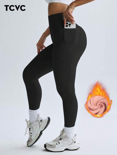 TCVC 女士高腰口袋瑜伽紧身裤，纯色，舒适亲肤透气，腹部设计，健身房运动紧身裤，四季皆宜黑色春季运动裤