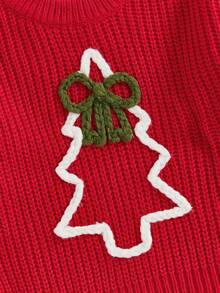 Suéter navideño para niñas pequeñas, informal, con lazo y bordado de árbol de Navidad, jersey de punto para bebés, ropa cálida - Rojo - Ver 5