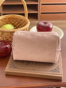 Japandi Style Solid Color Makeup Bag, Large Capacity, Soft Fabric, Zipper Closure, Minimalist Retro Cosmetic Bag For Home, Travel, Outdoor Use, Women