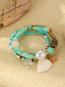 4pcs Bohemian Beach Style Glass Bead, Starfish, Shell, Crystal Ball Decor Bracelet Set For Women