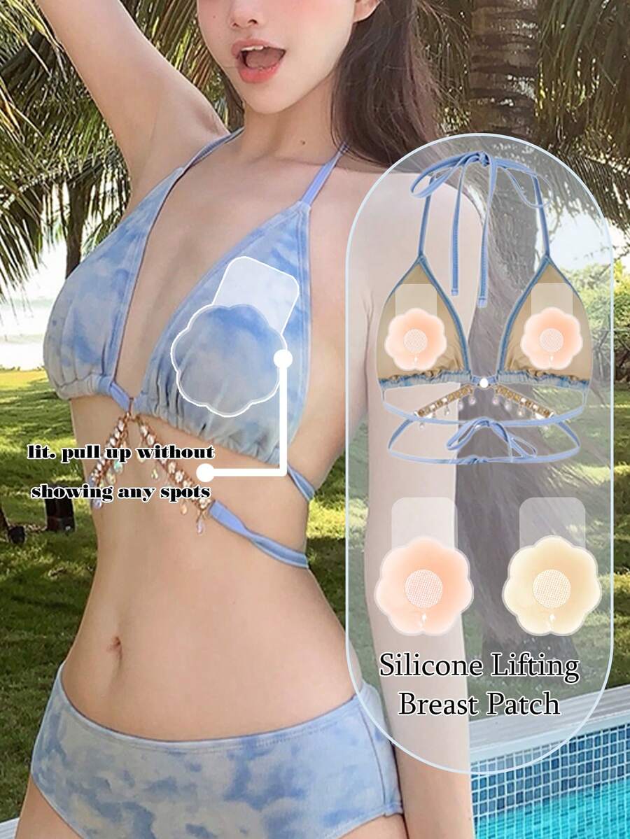 2件装硅胶提拉胸贴乳垫女婚礼吊袜带聚酯纤维支撑夏季隐形乳贴防凸点胸垫 - 杏色 - 查看 1