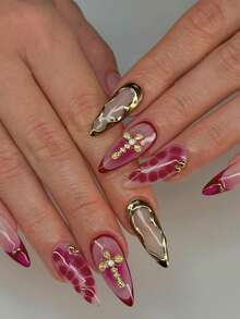 24 件长杏仁 3D 凝胶指甲制作花朵指甲设计法式尖头按压指甲中号三维合金十字架装饰带珍珠设计完美贴合亚克力假指甲套装，包括：1 件果冻胶和 1 件指甲锉，法式杏仁尖头指甲适合女士女孩日常工作节日派对使用美甲用品指甲 - 彩色 - 查看 2