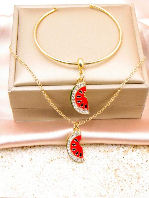 2pcs Metallic Drip Oil Watermelon Shaped Pendant Necklace And Bracelet Set
