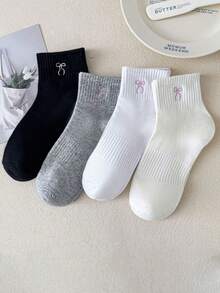 4 Pairs Women Plain Simple Embroidery Bow Socks, With Gripper, Moisture Wicking Mid-Calf Socks, Suitable For Daily Wear, Office, Casual, Sports, All Seasons - Multicolor - View 5
