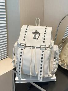 Dedoo Vintage Rivet Backpack, Retro Punk Style Travel Bag, Gothic College Style Backpack For Women - White - View 6