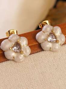 1pc Vintage Romantic Style Colorful Drop Oil Craft Embedded Heart-Shaped Glass Decor Flower Stainless Steel Earrings, Suitable For Women's Daily Wear