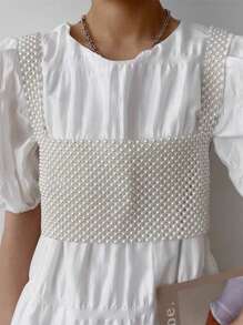 1pc Summer New Simple Fashion Women's Handmade Beaded Vest Faux Pearl Girls Top Body Chain , Suitable For Fashionable Outwear Women's Gifts