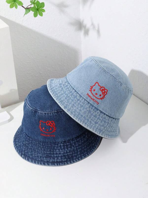 Sanrio 2pcs Vintage Hello Kitty Embroidery Sun Hat, Suitable For Summer, Beach, Outdoor Activities Like Hiking, Fishing All Year Round