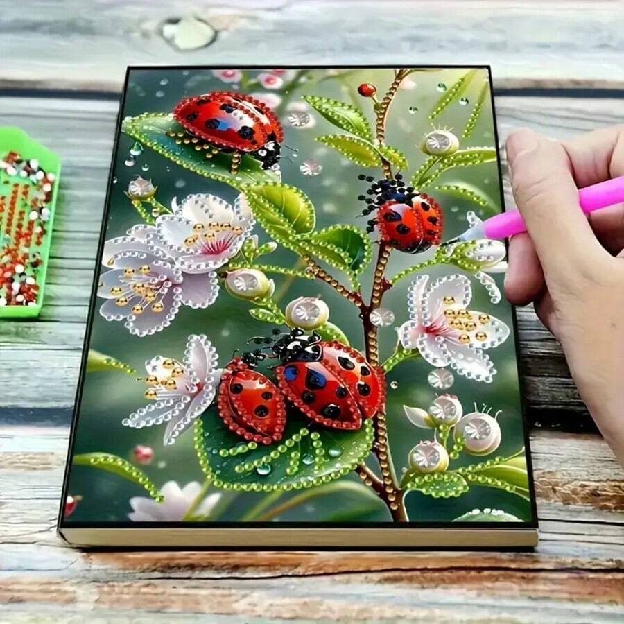 1 Set 7-Star Ladybug & Floral Diamond Painting Notebook Cover Kit, Insect Floral Theme, [Multiple Patterns Available], 5D Asymmetrical Shaped Diamond Painting Diary Notebook, Embroidery Sketchbook, Ideal For Handicraft Lovers, Soft Leather Cover, Art Sketch Notebook For Learning And Office, Suitable For Birthday And Holiday Gifts