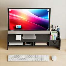 1pc Monitor Riser Stand With Storage Compartments, Ergonomic Neck Support Multi-Slot Display Stand, (Black/White) Pen Slot + Bottom Storage Space, Adjusts Comfortable Viewing Distance And Organizes Office Supplies, Desktop Organizer For Daily Office/Home Office/Workplace - Multicolor - View 2